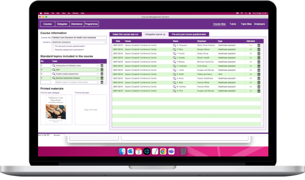 Example of a general management screen for a training organisation.