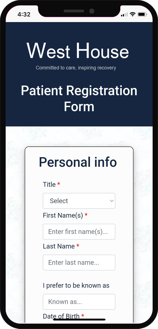 New patient registration system for end users of a private healthcare practice, designed with maximum simplicity and accessibility in mind.